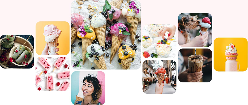 kolaż 10 zdjęć: 2 z lodami na patyku, 6 w wafelku, 1 shake i 1 lody w pucharku